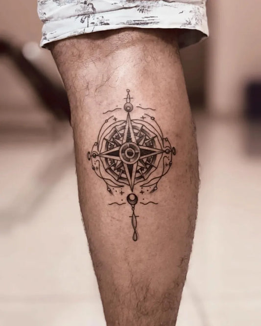 Medium Blackwork Compass Rose on Men Leg Tattoo by @mit_patel_2512