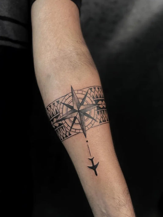 Medium Blackwork Compass and Airplane on Men Arm Tattoo by @abhitatts_