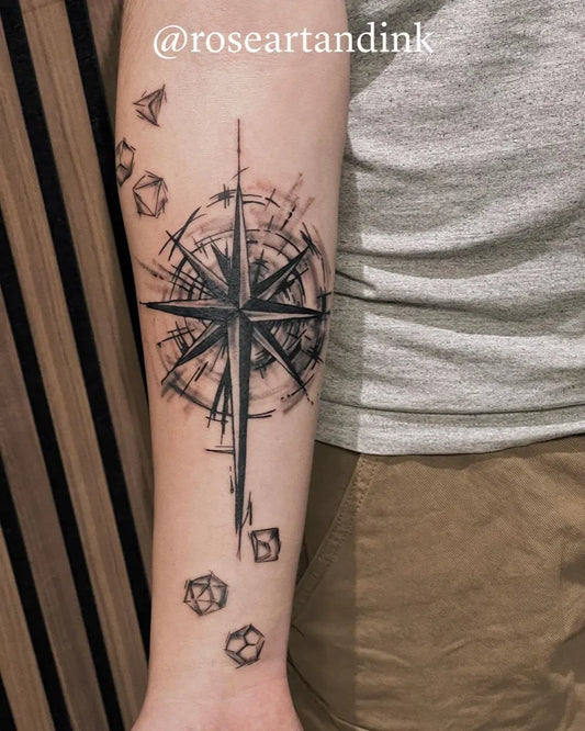 Medium Blackwork Compass and Dice on Men Arm Tattoo by @rose.tatts