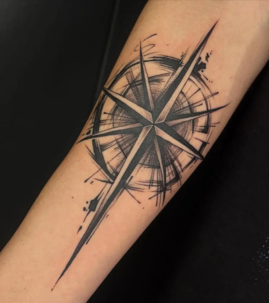 Medium Blackwork Compass on Men Arm Tattoo by @rr.annalise