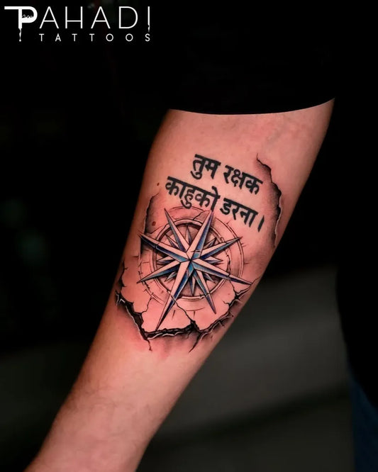 Medium Blackwork Compass with Hindi Text on Men Arm Tattoo by @pahadi_tattoos