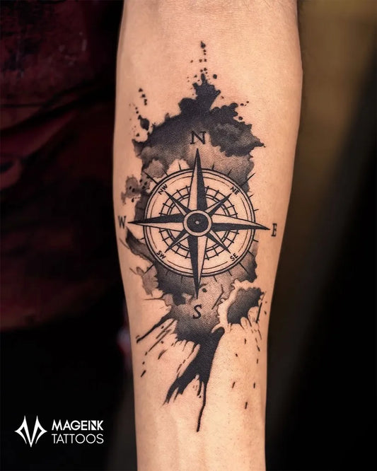 Medium Blackwork Compass with Ink Splatter on Men Arm Tattoo by @mageinktattoos