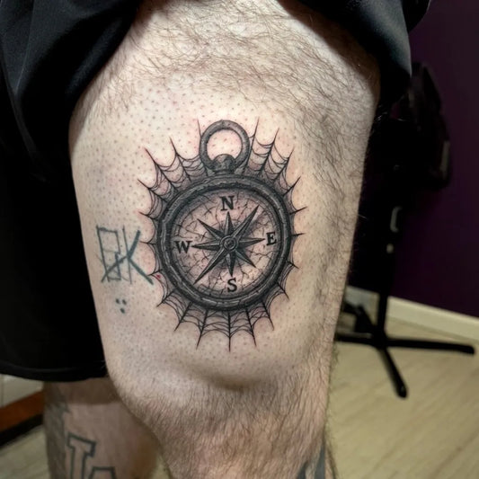 Medium Blackwork Compass with Spiderweb on Men Thigh Tattoo by @malobita