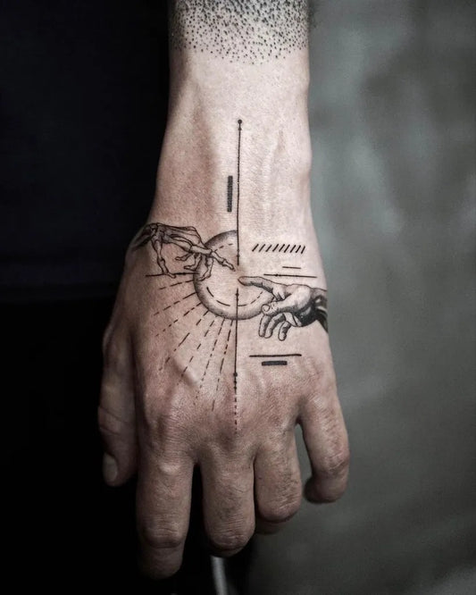 Medium Blackwork Creation of Adam Spiritual Tattoo on Men Hand by @goodomengallery
