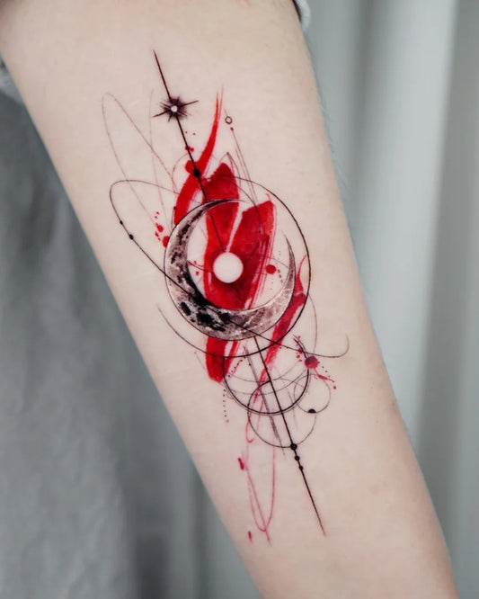 Medium Blackwork Crescent Moon Red Geometric Elements Tattoo on Women Arm by @tattooist_bae