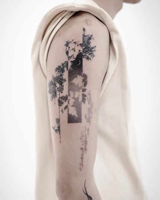 Medium Blackwork Crescent Moon and Branches Tattoo on Men Upper Arm by @mov.film.art