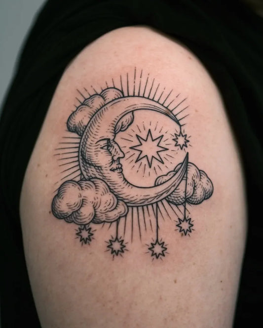 Medium Blackwork Crescent Moon and Stars Tattoo on Women Shoulder by @nanakidme