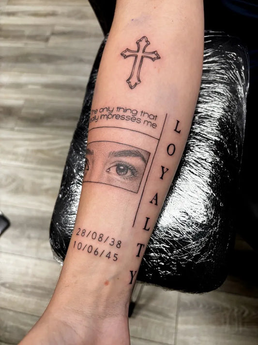Medium Blackwork Cross Eyes Loyalty on Women Arm Tattoo by @inky_tats
