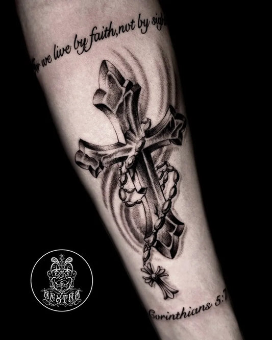Medium Blackwork Cross Faith Quote Chain on Men Arm Tattoo by @locorex_tattoo