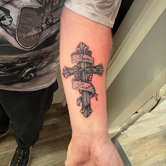 Medium Blackwork Cross Rosary Banner on Men Arm Tattoo by @9thgategallery