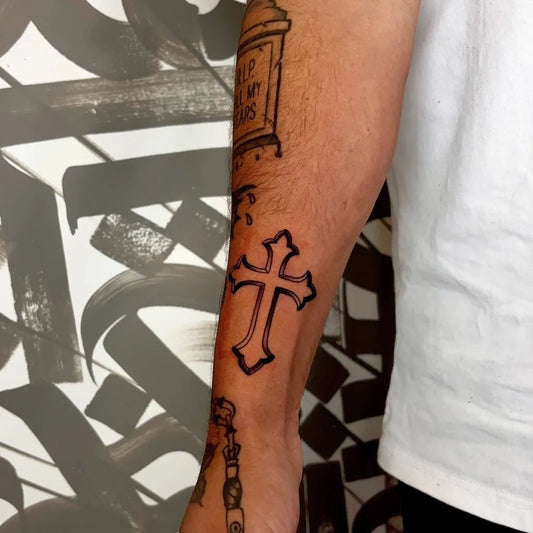 Medium Blackwork Cross Rosary on Men Arm Tattoo by @toritattedme