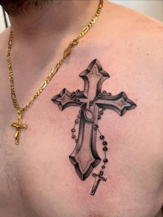 Medium Blackwork Cross Rosary on Men Chest Tattoo by @stevefranciosa.tattoos