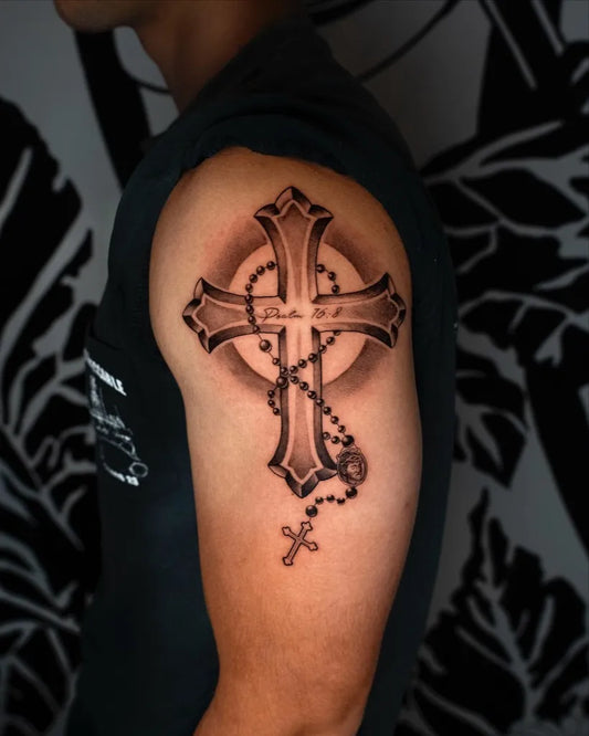 Medium Blackwork Cross Rosary on Men Shoulder Tattoo by @bl.ink_tattooer