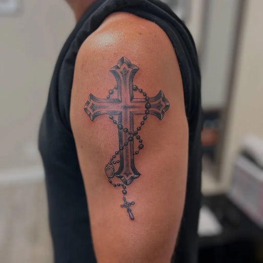 Medium Blackwork Cross Rosary on Men Shoulder Tattoo by @shane_sct