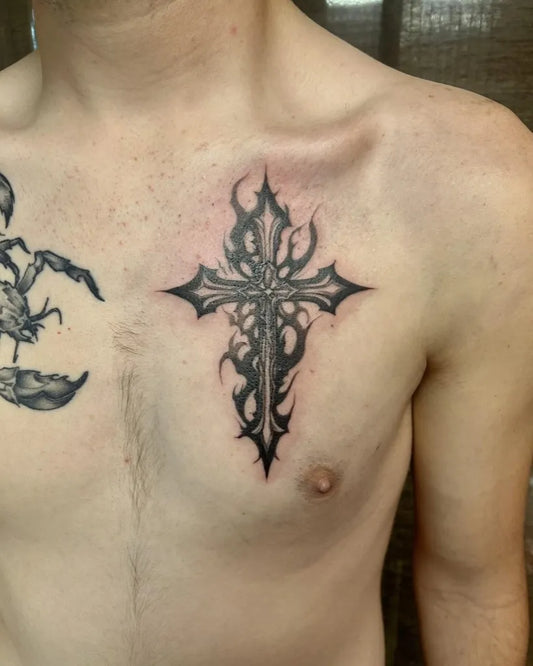Medium Blackwork Cross Scorpion Flame on Men Chest Tattoo by @yenyingtattoos
