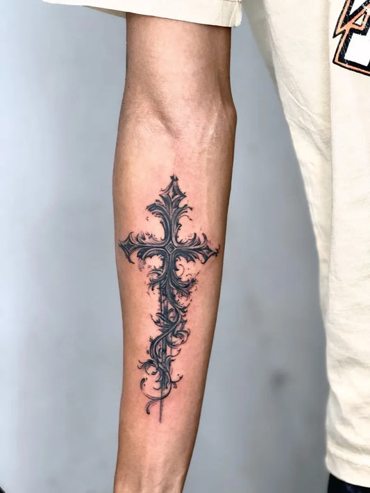 Medium Blackwork Cross and Vines on Men Arm Tattoo by @arpiitx