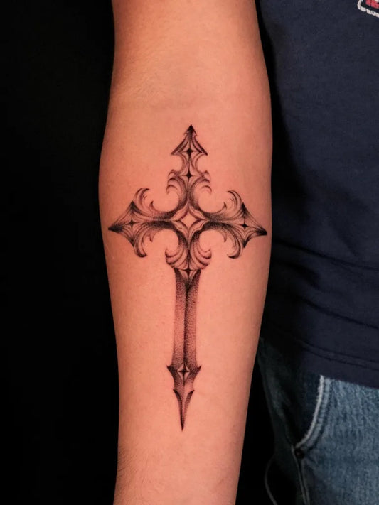 Medium Blackwork Cross on Men Arm Tattoo by @alejandrra.art