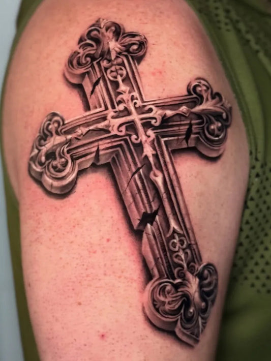 Medium Blackwork Cross on Men Arm Tattoo by @tattoosbyditty