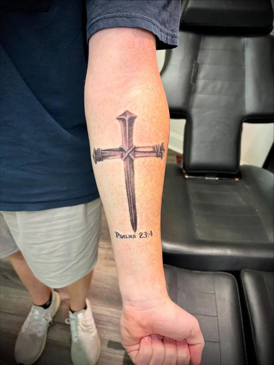 Medium Blackwork Cross with Nails and Psalm Verse on Men Arm Tattoo by @wild_fire89