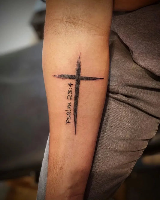 Medium Blackwork Cross with Psalm 23 on Women Arm Tattoo by @inkedashes3