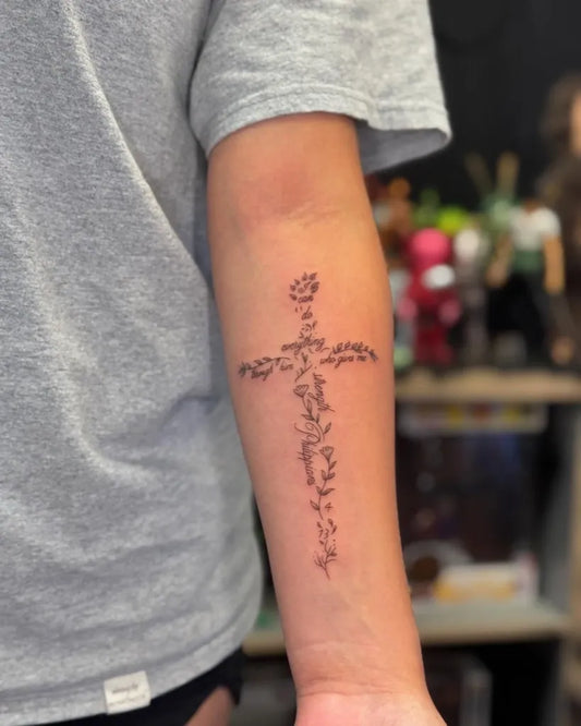 Medium Blackwork Cross with Script on Men Forearm Tattoo by @liii.ink