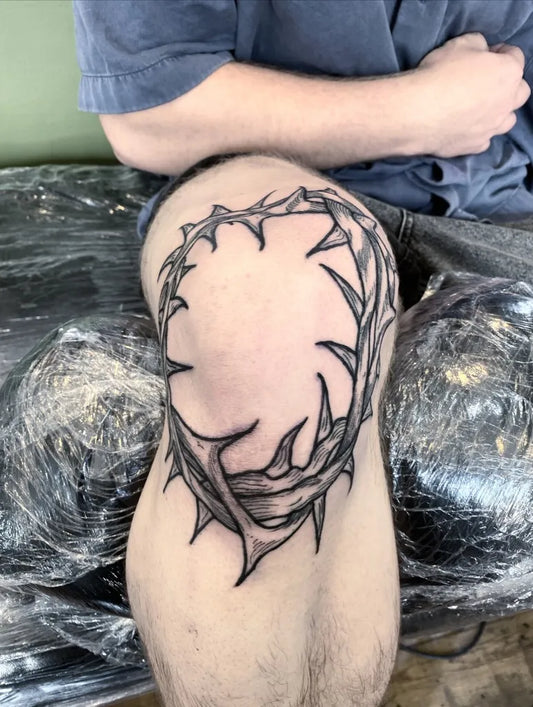 Medium Blackwork Crown of Thorns Tattoo on Men Knee by @maidstonejohn