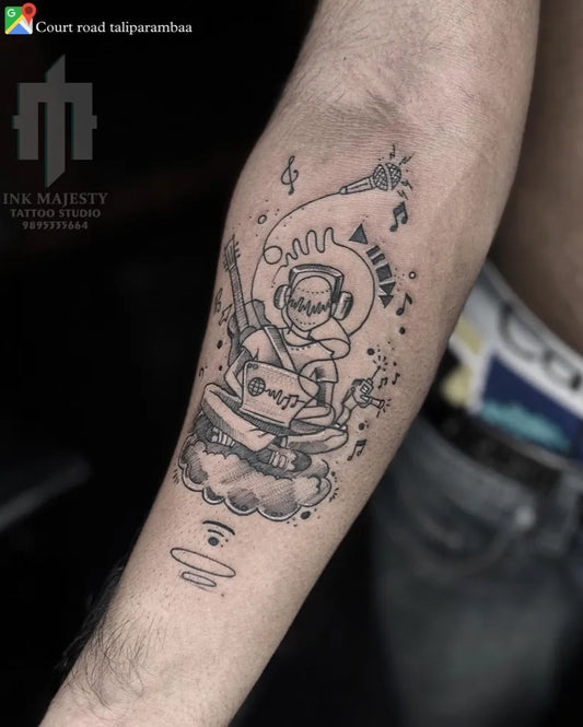 Medium Blackwork DJ with Headphones and Music Notes Music Tattoo on Men Arm by @tattoo_ink_majesty_taliparamba