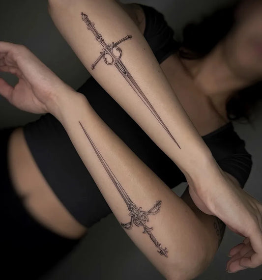 Medium Blackwork Dagger Tattoo on Women Arm by @alyssavart