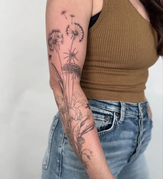 Medium Blackwork Dandelion Flowers Tattoo on Women Arm by @herzdame