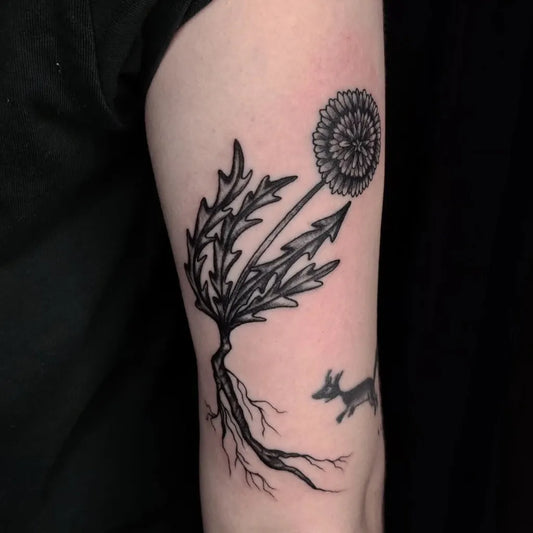 Medium Blackwork Dandelion and Deer Tattoo on Men Arm by @laurahmerta