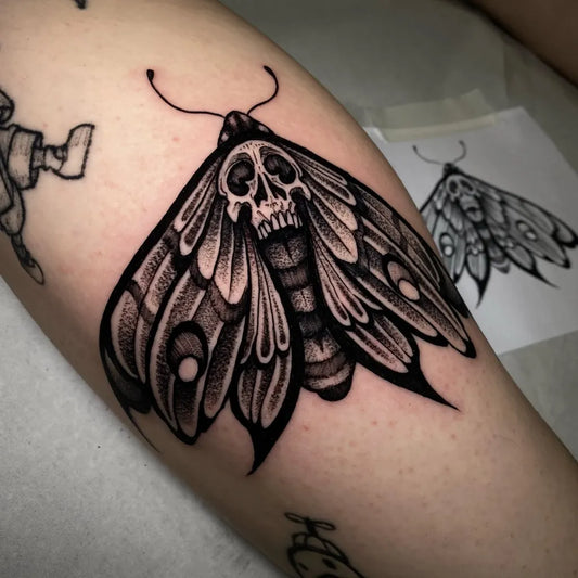 Medium Blackwork Deathshood Moth on Women Thigh Tattoo by @julianmoth_