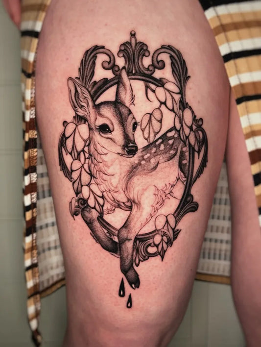 Medium Blackwork Deer Frame Tattoo on Women Thigh by @rottenhannah