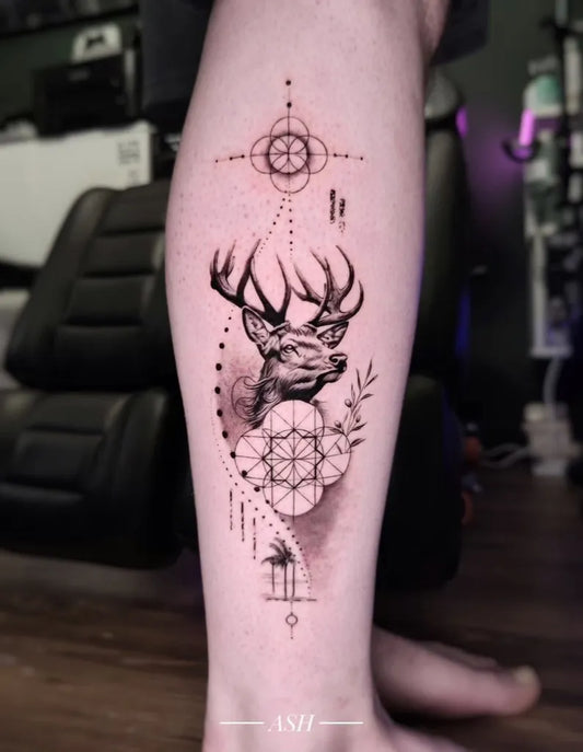 Medium Blackwork Deer Geometric Tattoo on Men Leg by @ashtattooart