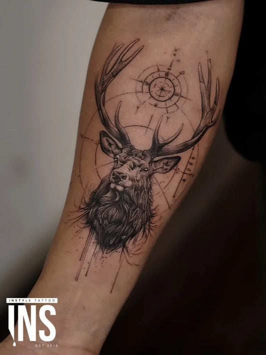 Medium Blackwork Deer Head with Geometric Overlay Tattoo on Men Arm by @instyletattooindia