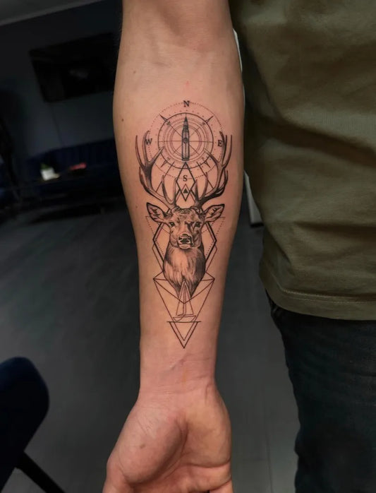 Medium Blackwork Deer Mandala Tattoo on Men Arm by @furu_ink