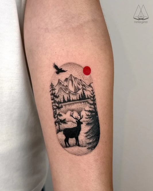 Medium Blackwork Deer Mountains Sun Tattoo on Men Arm by @mentat_gamze