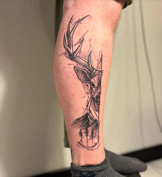 Medium Blackwork Deer Mountains Tattoo on Men Leg by @r_ktoski_tattoo