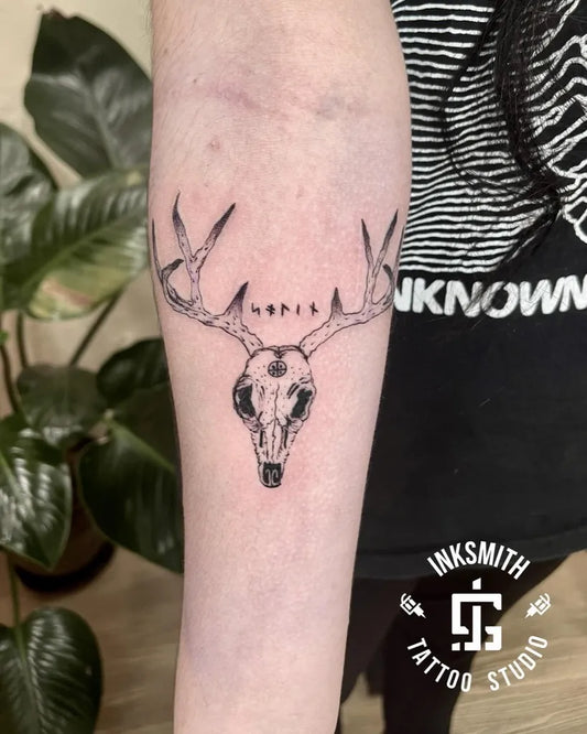 Medium Blackwork Deer Skull with Hope and Unknown on Women Arm Tattoo by @inksmithtattoobda