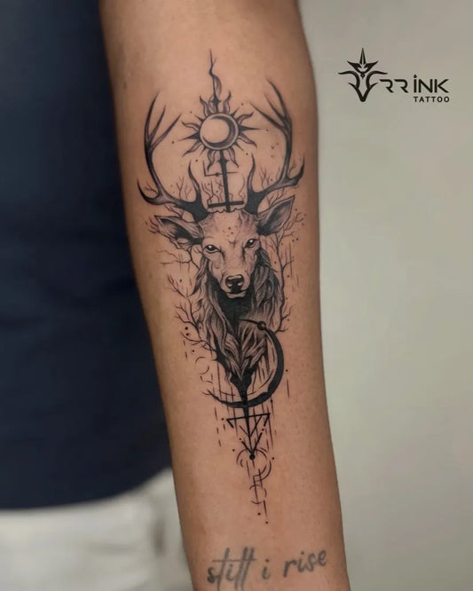 Medium Blackwork Deer Sun Mandala Tattoo on Men Arm by @rr_ink_tattoo_cherpulassery
