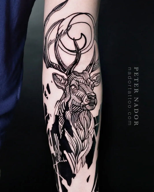 Medium Blackwork Deer Tattoo on Men Arm by @nador.tattoo