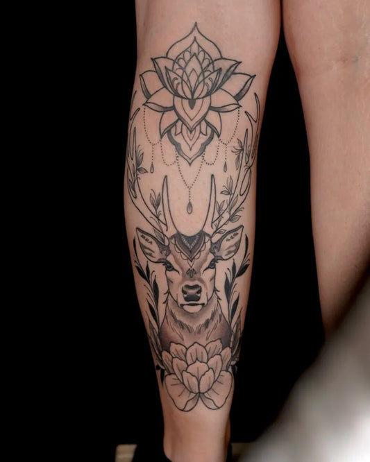 Medium Blackwork Deer and Mandala Tattoo on Women Calf by @undertheneedle_london
