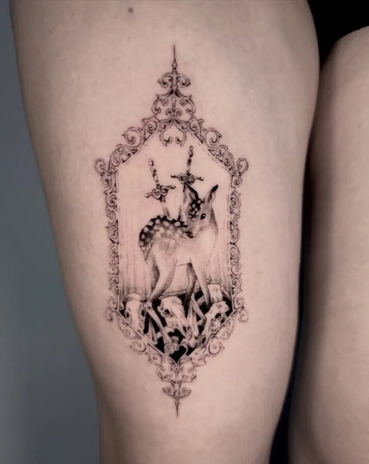 Medium Blackwork Deer in Ornate Frame Tattoo on Women Thigh by @thegallerytattoo