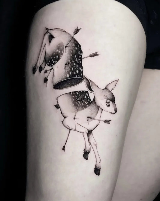Medium Blackwork Deer with Arrows and Broken Head Tattoo on Women Thigh by @tina.tattz