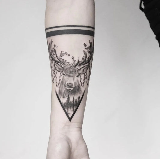 Medium Blackwork Deer with Flowers and Trees Animal Tattoo on Men Arm by @bensongascon