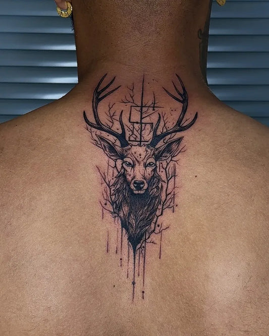 Medium Blackwork Deer with Tree Branches Tattoo on Men Neck by @thetattooart_studio