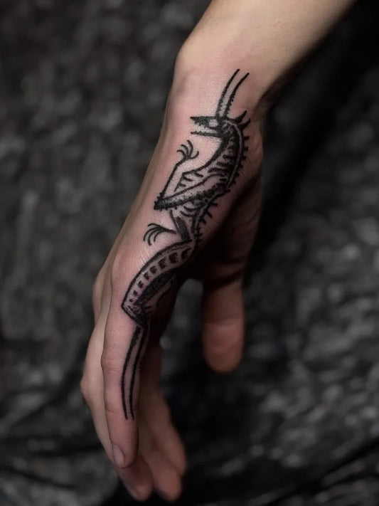 Medium Blackwork Demon Dragon Tattoo on Men Hand by @luke_vena