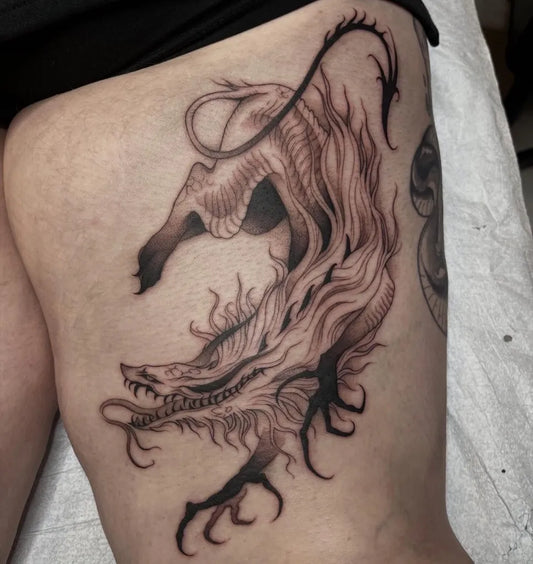 Medium Blackwork Demon Dragon Tattoo on Women Thigh by @apriljaytattoo
