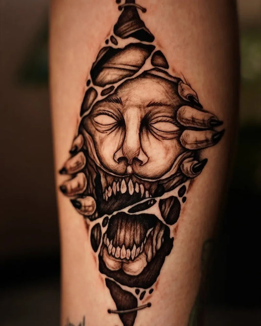 Medium Blackwork Demon Face with Claws Tattoo on Men Arm by @elevenink_cremacity