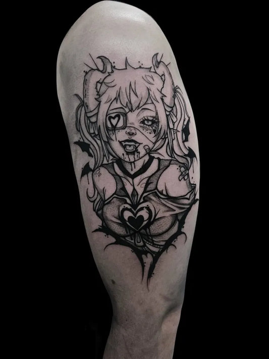 Medium Blackwork Demon Girl Tattoo on Men Arm by @levs.gore