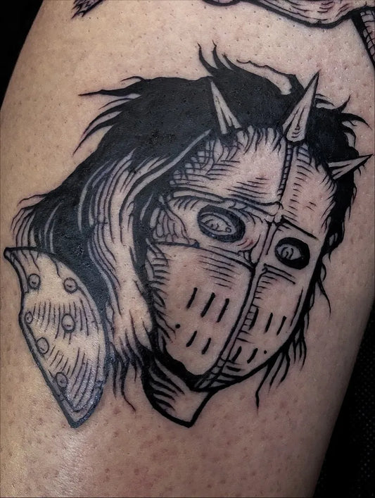 Medium Blackwork Demon Mask Tattoo on Men Arm by @simonturnertattoo